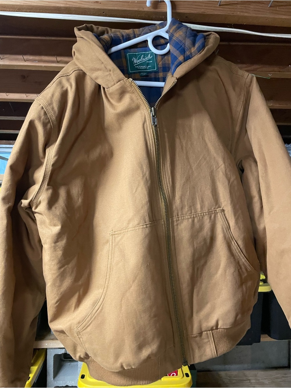 Woolrich Green Label Collection Men’s Large Tan Canvas Work Jacket Plaid Lining
